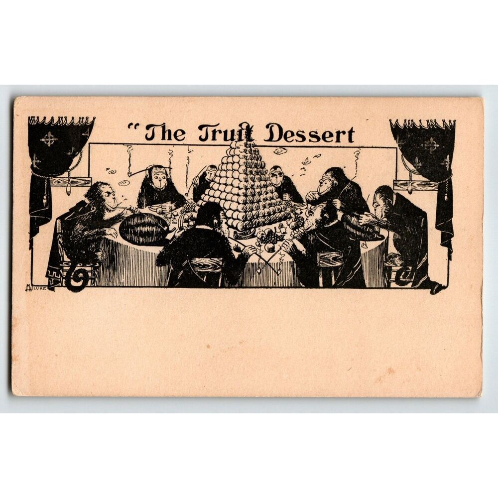 Monkeys Chimps at Dinner Table Smoking Fantasy Anthropomorphic Fruit Dessert